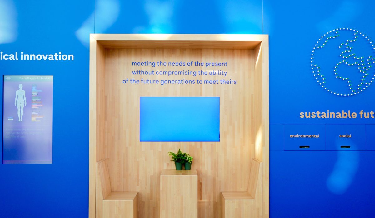 Close-up of Roche EML Rome booth design details