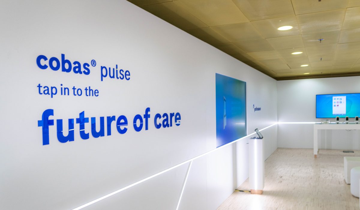 The primary entrance to the Roche cobas pulse innovation room.