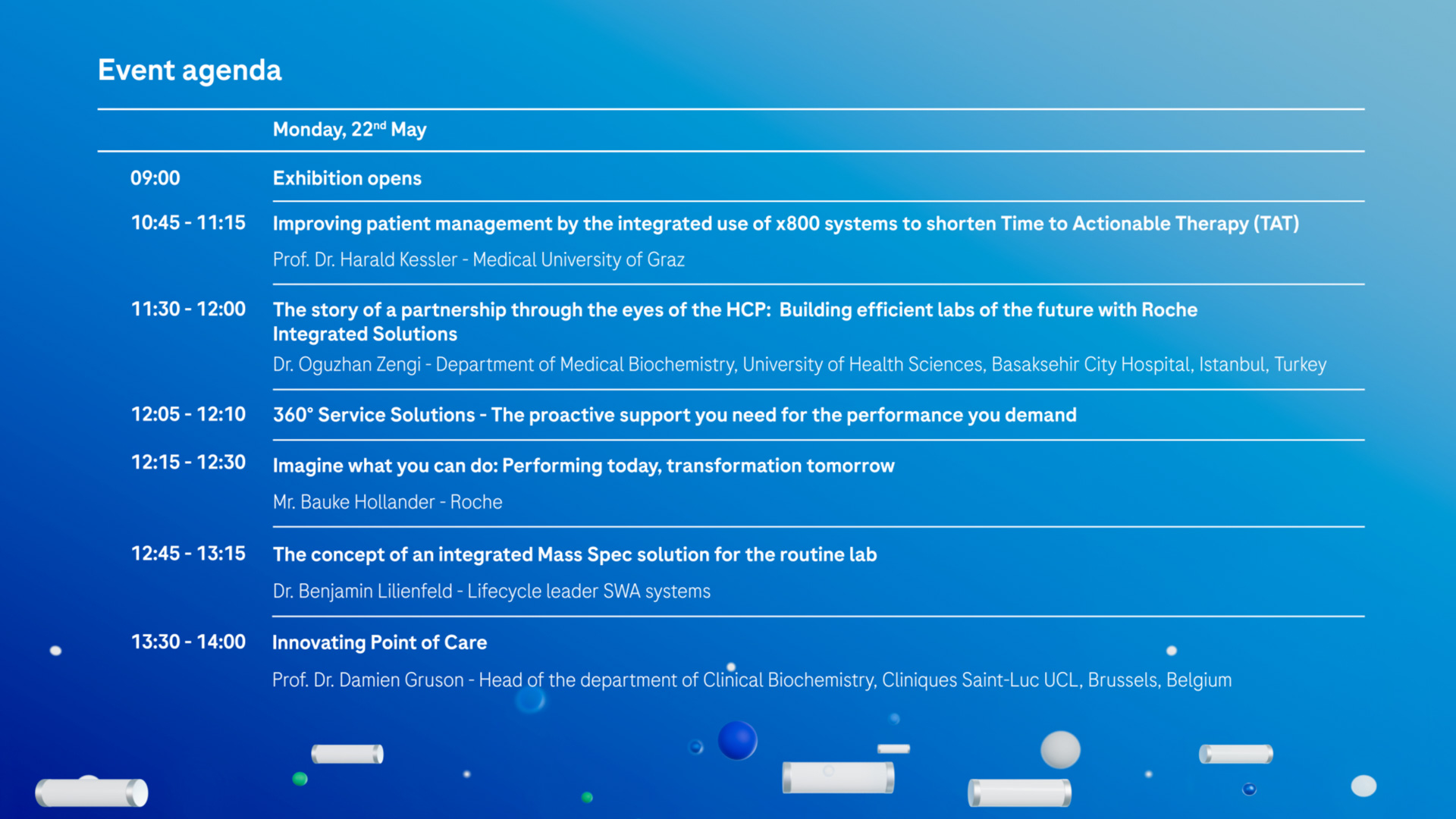 Event agenda screen for Roche Diagnostics sessions at EML Rome