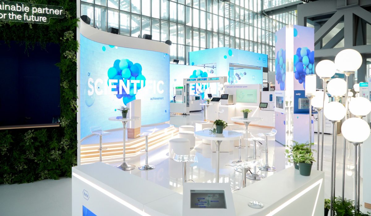 Architectural detail of Roche Diagnostics EML Rome booth design