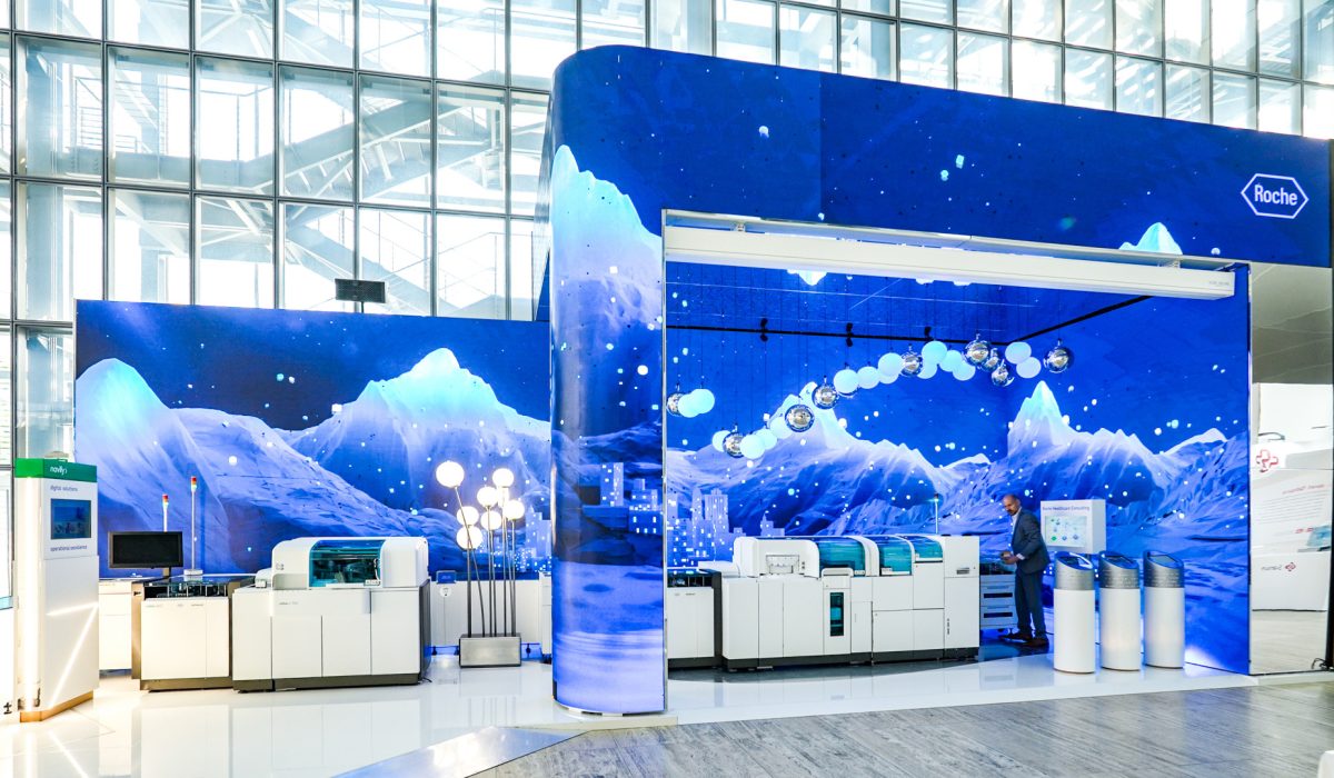 Roche Diagnostics EML Rome booth with integrated digital storytelling