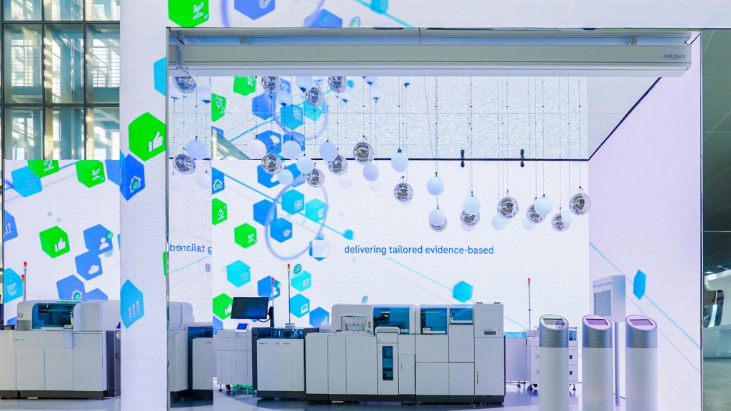 LED wall highlighting evidence-based healthcare messaging