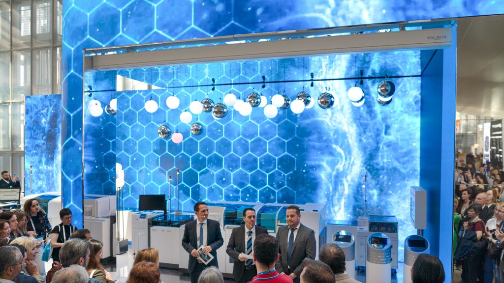 Blue-toned LED environment with suspended lighting