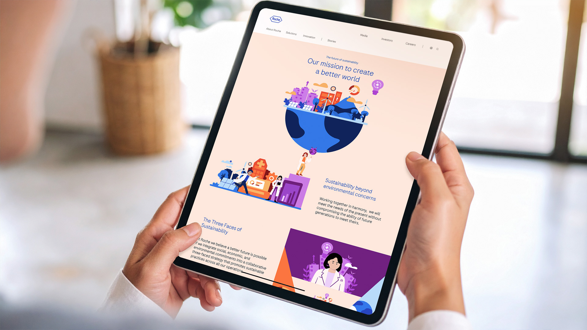 Roche sustainability campaign webpage displayed on tablet