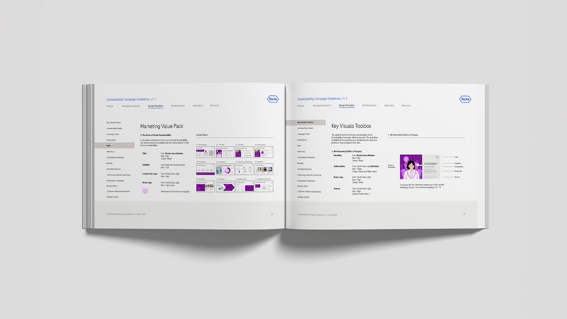 Sustainability campaign guideline spreads showing design systems