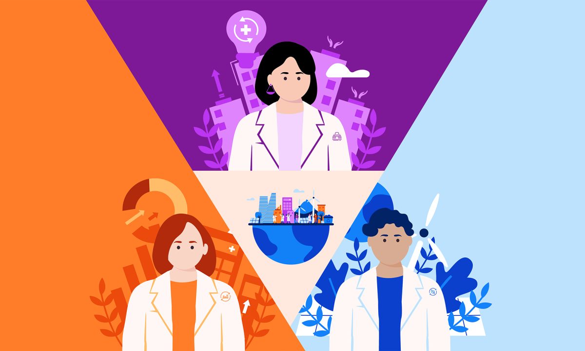 Sustainability system illustration connecting people, innovation, and planet